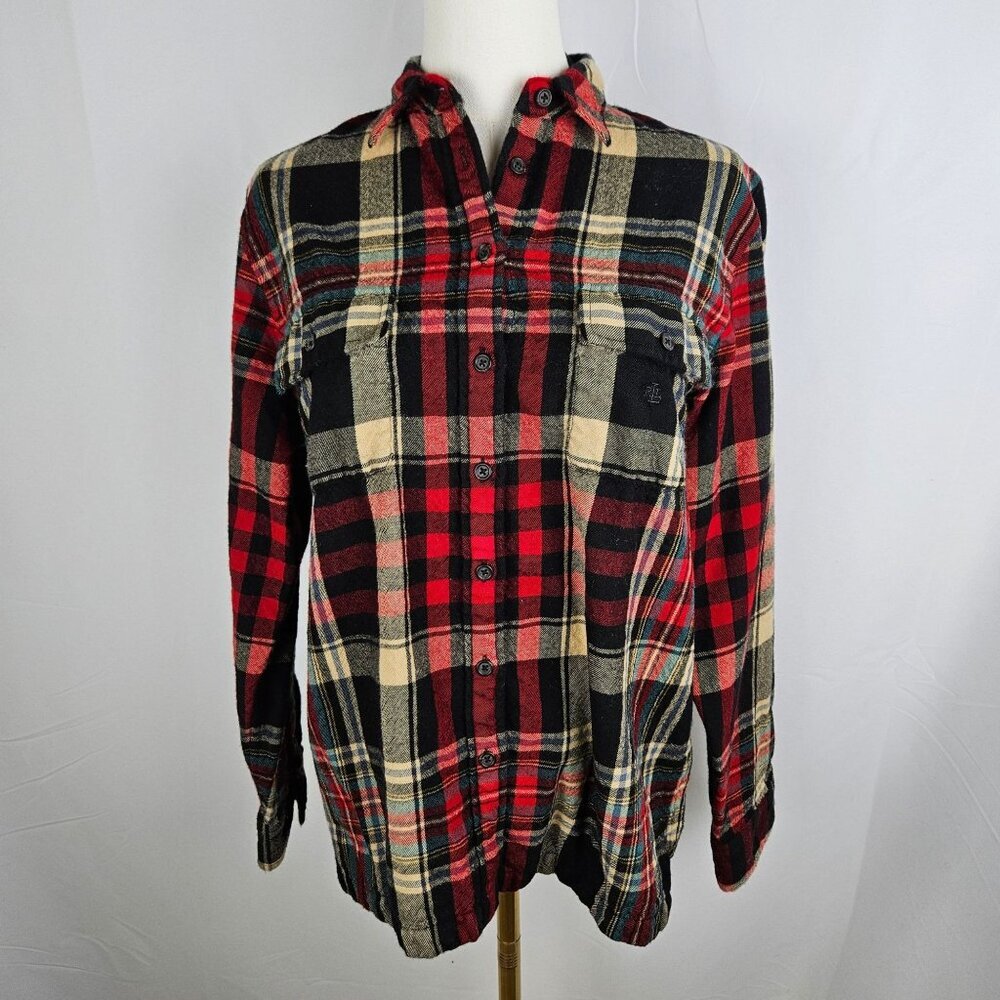 Lauren Ralph Lauren Tartan Plaid Button-Up Shirt‎ Large Wool Red Black Cabincore